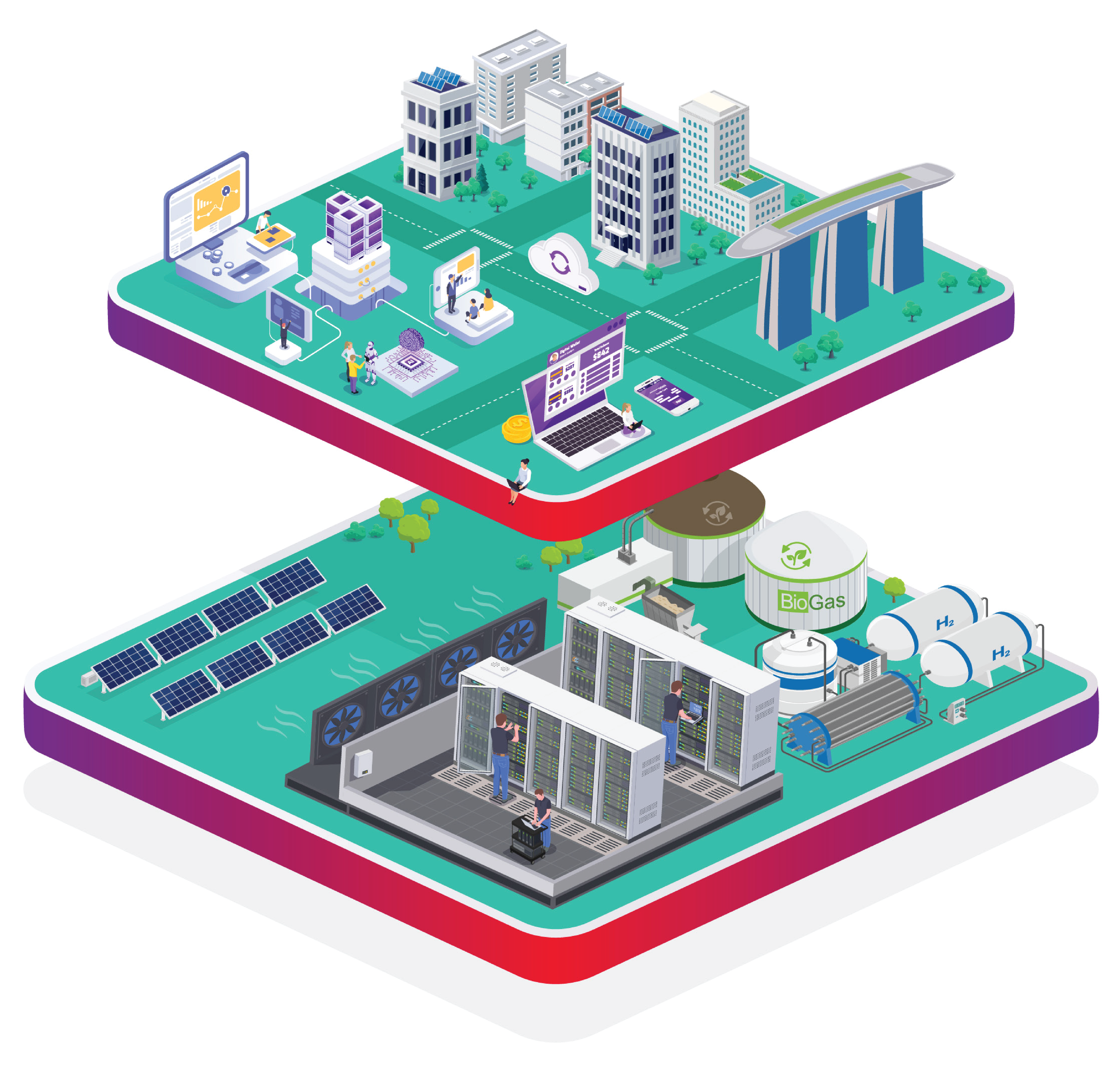 Isometric illustration of smart city infrastructure with data center, solar panels, biogas facility, and digital connectivity.